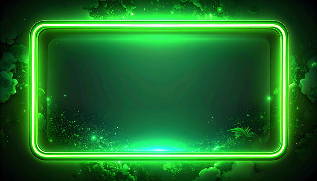 Glowing green neon rectangular frame with dark particles and smoke effect background