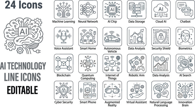 Artificial intelligence technology line icon set featuring machine learning neural networks robotics and cyber security symbols
