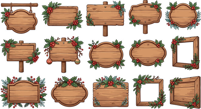 Christmas Wooden Sign Board Vector Element Set Decorated with Winter Holly Berries Leaves and Baubles for Festive Holiday Greeting Cards and Banner Designs
