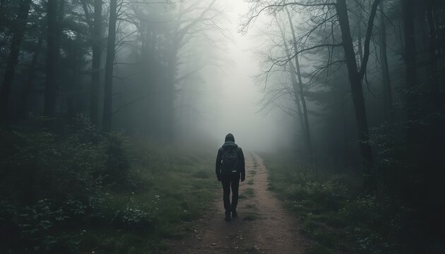 A solitary hooded traveler walks down a narrow dirt path disappearing into the dense morning mist within a dark mysterious