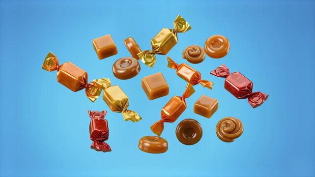 A delightful collection of glossy caramel squares, round toffee drops, and golden-wrapped candies tumbling and floating in mid-air against a vibrant violet purple backdrop. This looping 3D graphic is 