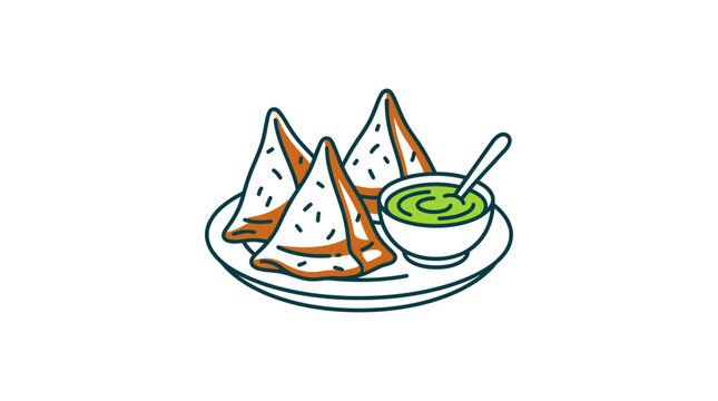 Traditional Indian Samosas with Green Chutney Dip, Vector Illustration