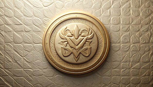 Golden embossed circular medallion with intricate geometric pattern on textured background, luxury metallic currency, wealth and prestige symbol