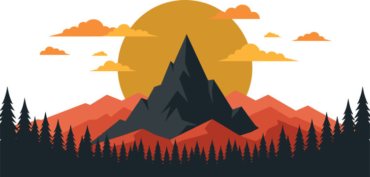 Beautiful mountain wilderness landscape illustration with pine tree forest silhouette big rising sun and orange clouds