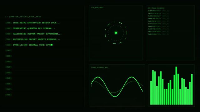 Quantum Secure Node Feed Encryption Dashboard Signal Wave Animation Green Cyber Loop.