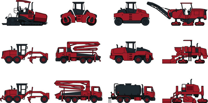 Set of red road construction machinery and paving equipment icons isolated on white background for industrial infrastructure design