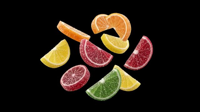 Colorful fruit jelly slices in orange, lemon, lime, and grapefruit shapes float and spin dynamically against a dark black backdrop. Designed for confectionery commercials, sweet snack promotions, and 