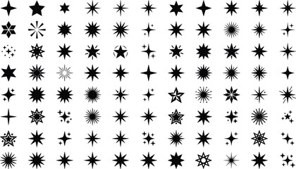 Black sparkle stars icon set featuring various geometric bursts twinkling glints and magic flashing shapes vector elements © MdAnarulIslam