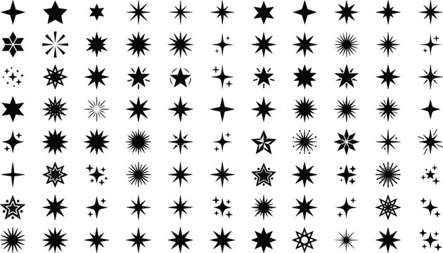 Black sparkle stars icon set featuring various geometric bursts twinkling glints and magic flashing shapes vector elements