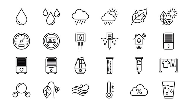 Black line icons of humidity control sensors and water moisture measurement tools on white background, representing smart home climate regulation, illustrating air quality monitoring systems