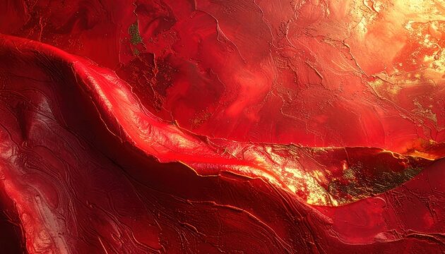 Abstract depiction of rich, textured red surfaces with golden accents, suggesting movement and depth.