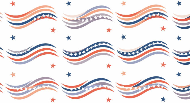 Seamless pattern of red, white, and blue wavy stripes with integrated stars on a white background. Patriotic American flag aesthetic with varying color tones in a repeating layout.