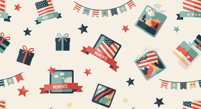 Seamless patriotic pattern with American flags, red and blue stars, gift boxes, bunting banners, and ribbons labeled MOMENTS, flat vector design on a cream background.