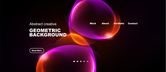Naklejka premium Dark background features vibrant abstract shapes. Website header includes navigation options, text, button. Modern design, colorful gradients present.