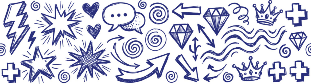 Blue ink hand drawn doodle graphic element border collection with lightning arrows speech bubbles crowns and comic starbursts