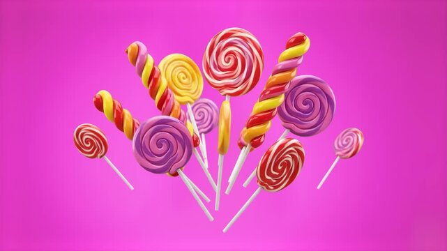 A vibrant bouquet-style arrangement of glossy swirl lollipops and twisted hard candy sticks in bright yellow, pink, red, and purple colors. The festive treats are displayed against a solid magenta pin