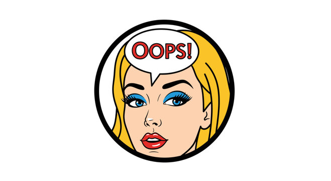 Retro Woman with Blonde Hair Says Oops in Comic Style Speech Bubble