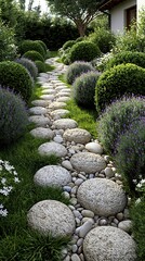 Obraz premium Beautiful winding stone pathway through lush green garden with lavender and manicured bushes