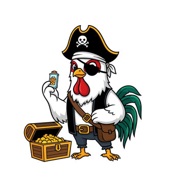 Vector illustration of a white Gallic rooster pirate mascot wearing a black tricorne hat with skull emblem, eye patch, and vest, standing by an open treasure chest of gold coins.