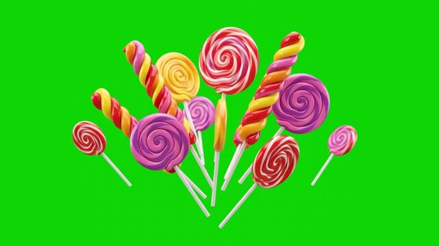 A vibrant arrangement of spiral lollipops and twisted candy sticks floating dynamically against a solid green screen. This chroma key asset is designed for easy background substitution in sweet shop a