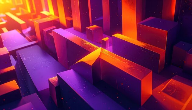 A futuristic, abstract cityscape with geometric shapes in vibrant neon colors.