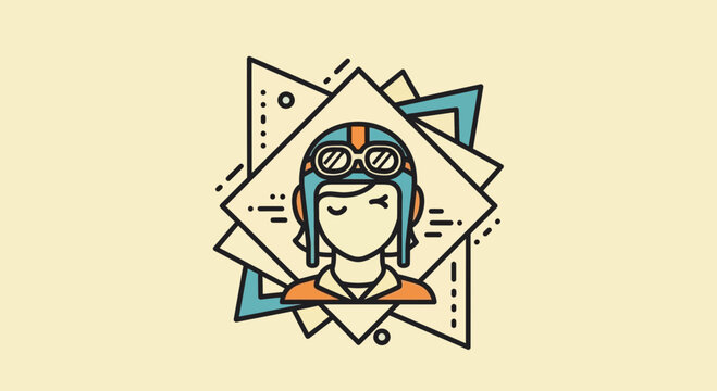 Retro Aviator Icon with Geometric Shapes, Vintage Pilot Character, Flat Design