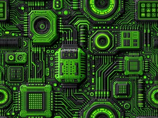 Fototapeta premium Seamless Abstract Pattern of Futuristic Green Circuit Board and Microchip Technology