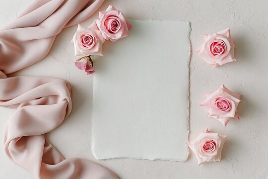 Elegant flat lay with soft pink roses, delicate silk ribbon, and blank paper for romantic wedding or event invitations