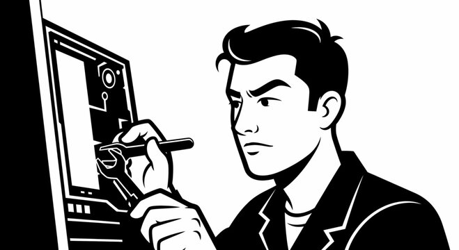 Black and White Graphic Illustration of a Computer Technician
