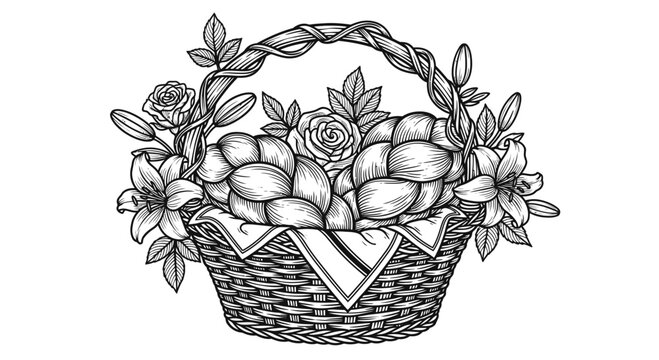 Black and White Illustration of Challah Bread Basket with Flowers