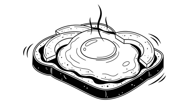 Black and White Line Art Illustration of Avocado Toast with Fried Egg