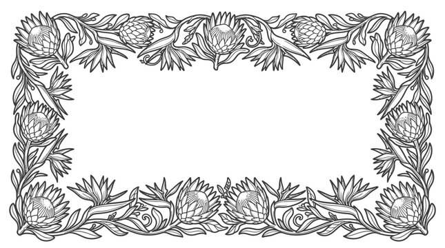 Exquisite botanical vector border frame showcasing detailed protea-like floral motifs in a decorative folk art style, perfect for elegant design projects and invitations
