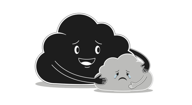 Cartoon Cloud Comforting a Sad Grey Cloud Friend