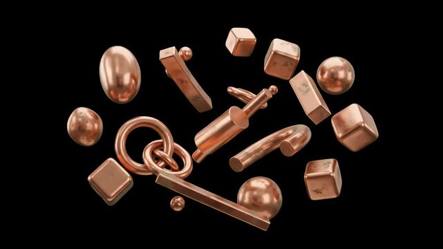 An abstract arrangement of metallic copper hardware parts, pipe fittings, loops, cubes, and spheres tumbling slowly in mid-air against a solid black backdrop. This photorealistic 3D loop provides a hi