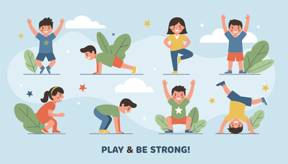 Fototapeta premium Multiple active children performing various sports exercises and yoga poses to stay healthy, strong, and happy.