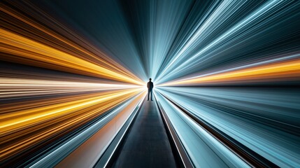 Fototapeta premium Lone figure standing at the convergence of glowing light streaks representing data flow and technological advancement