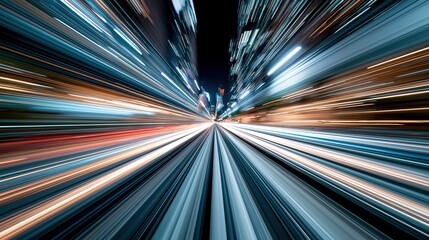 Fototapeta premium High-speed futuristic motion blur streaks of urban city lights at night, conveying rapid movement and technology