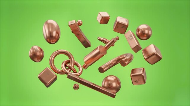 A dynamic 3D graphic rendering showcasing reflective copper and rose gold geometric objects suspended in mid-air over a smooth green gradient backdrop. Suitable for financial commodity visualizations,