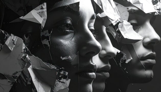 A fractured grayscale depiction of multiple human faces partially obscured by shattered glass.