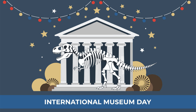 Dinosaur skeleton stands inside classic museum building decorated with string lights for International Museum Day.