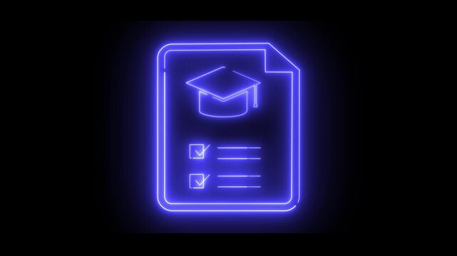 Animation of a neon blue document icon with a graduation cap and check marks. Indicates completed academic tasks or successful studies.