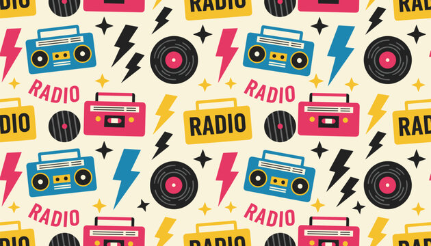 Vibrant seamless retro music pattern featuring colorful boomboxes, vintage vinyl records, lightning bolts, and stars.