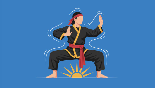 Martial artist in traditional black uniform and red sash performing pencak silat stance on simple blue backdrop.