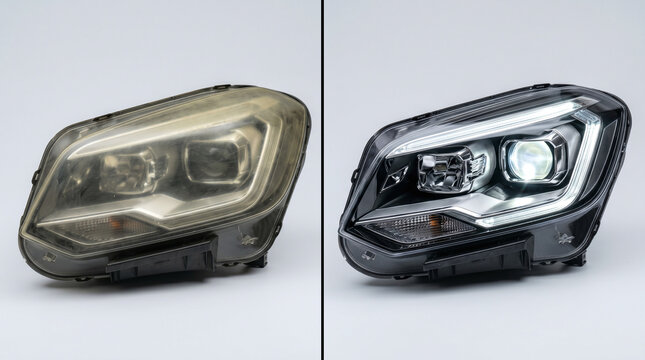 Before and after split-screen comparison of a yellowed cloudy car headlight and a clear restored headlight.
