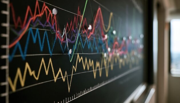 Colorful hand drawn line graphs on black chalkboard showing financial data trends