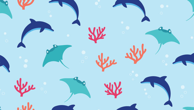Seamless pattern of adorable marine life featuring blue dolphins and manta rays swimming among red coral reefs.
