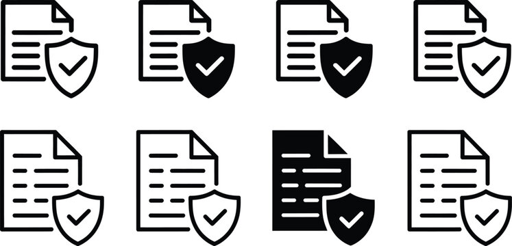 Document protection icons featuring paper sheets with security shields and checkmarks for verified data safety.