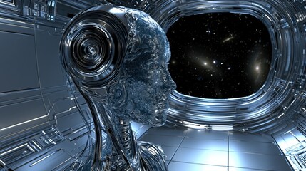 Fototapeta premium Futuristic metallic android head in a spaceship corridor overlooking a starry galaxy