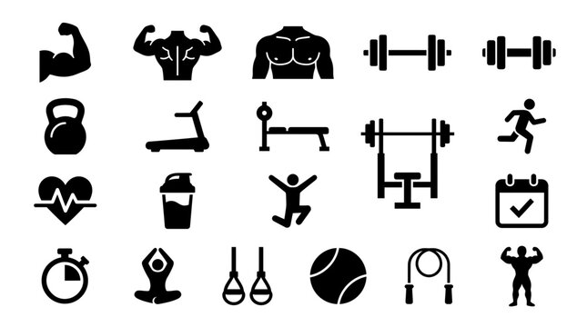 Black solid fitness and bodybuilding icon set featuring gym equipment and athletic human silhouettes on white background, Focused on weight training and providing resources for gym marketing