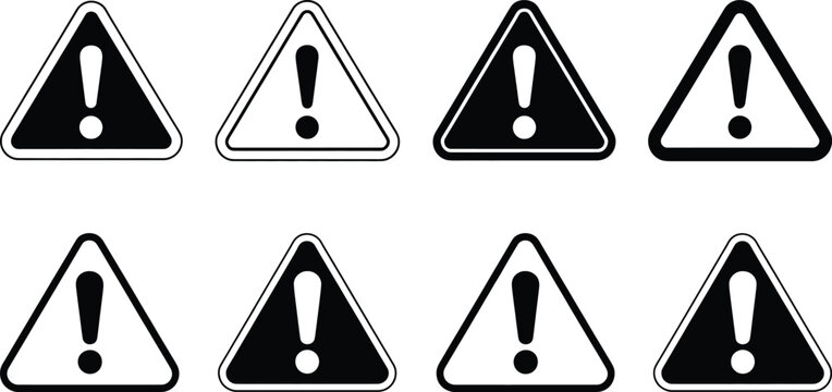 Set of eight warning signs with black exclamation mark triangles isolated on transparent background for safety design.